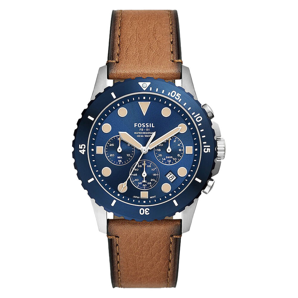 Fossil FB- 01 42mm Chronograph Blue Dial Brown Leather Strap Watch