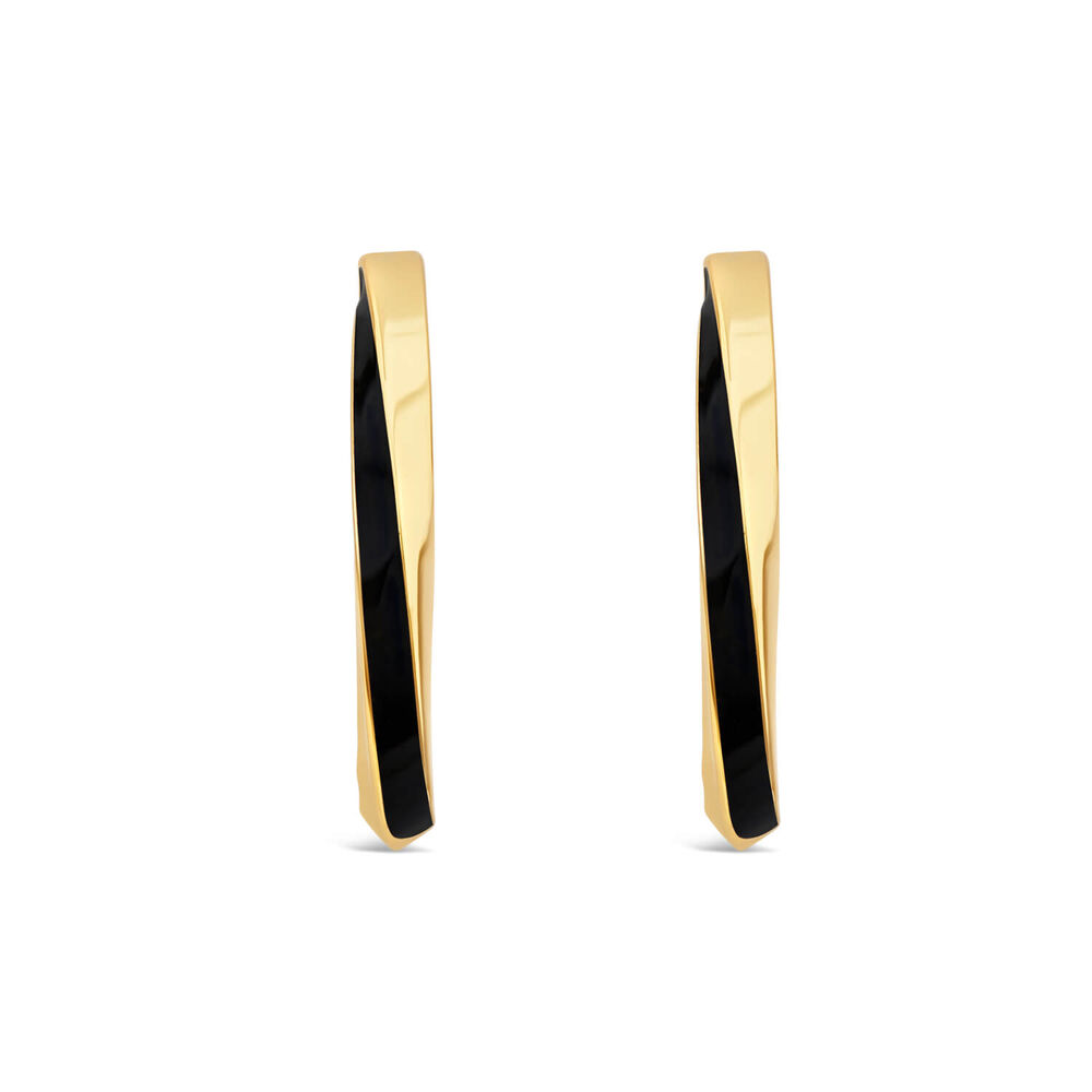Silver & Yellow Gold Plated Black Enamel Curved Hoop Earrings