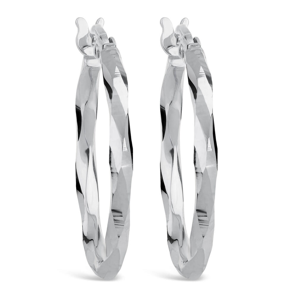 9ct White Gold Mirror Diamond Cut Twist Ladies Hoop Earrings