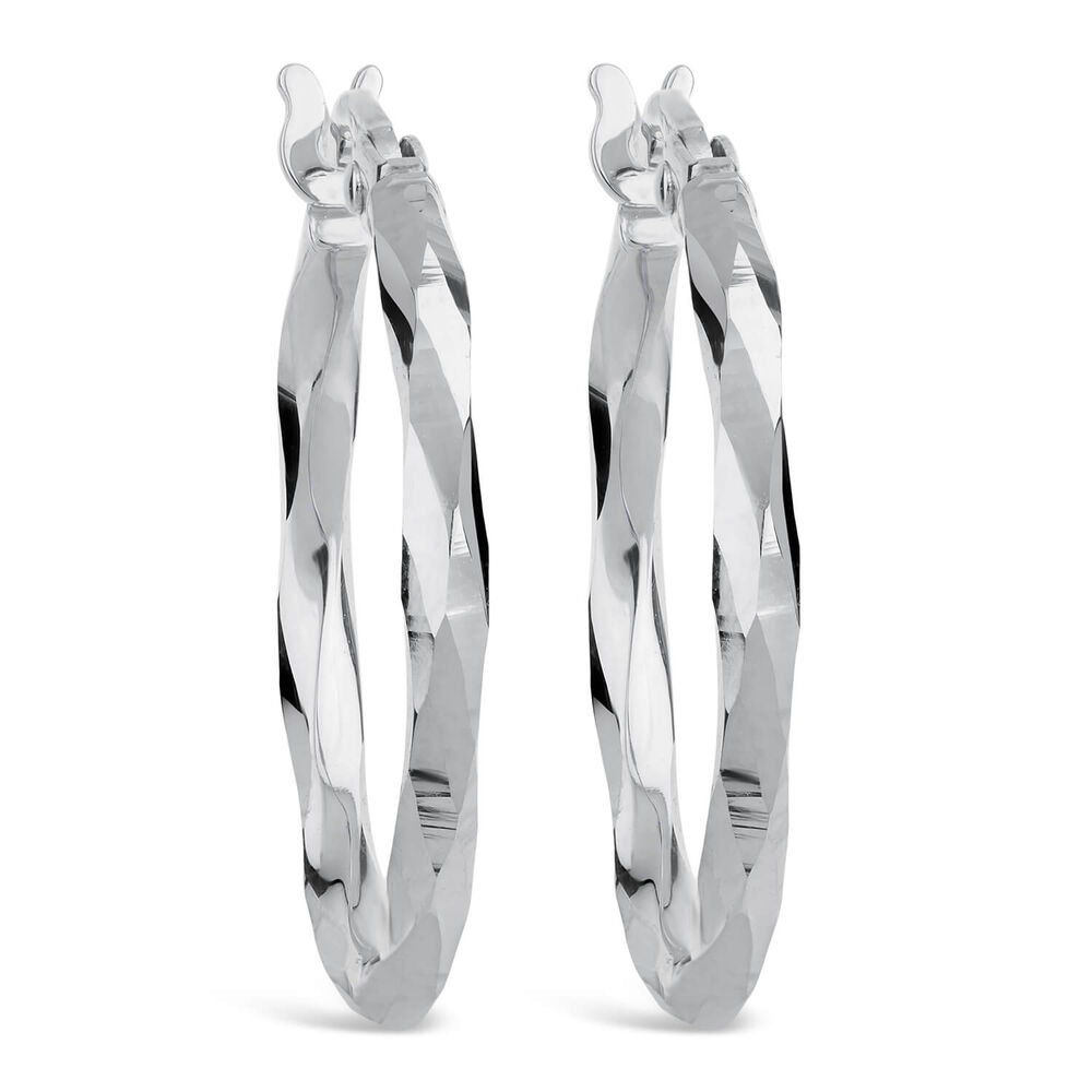9ct White Gold Mirror Diamond Cut Twist Ladies Hoop Earrings image number 0