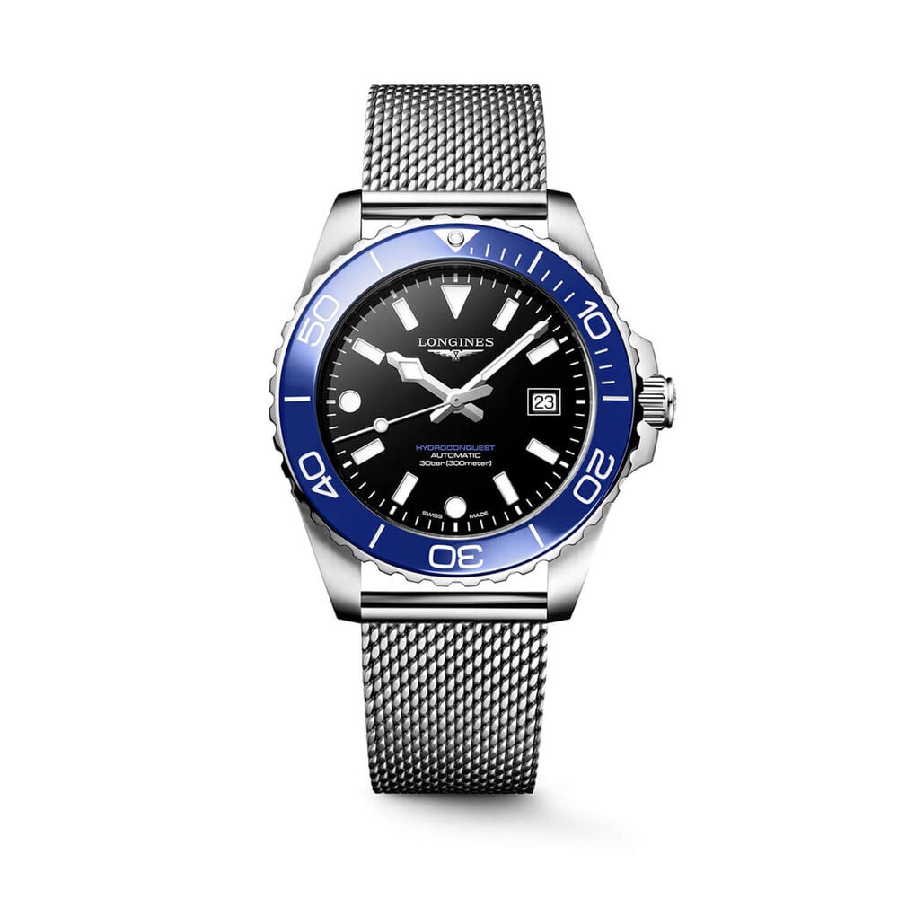 Longines HydroConquest 42mm Black Dial Blue Bezel Steel Bracelet Watch
