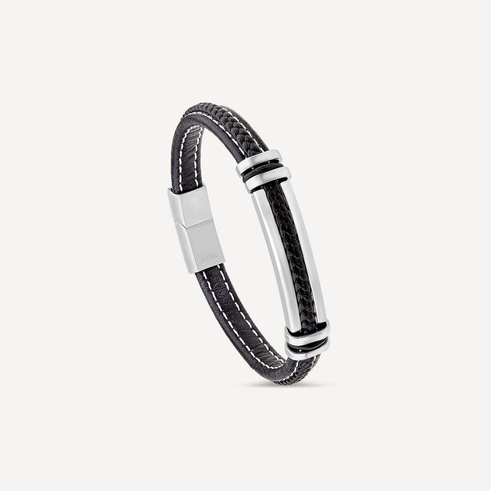 Mens's Steel & Black Leather White Stitching Bracelet image number 2