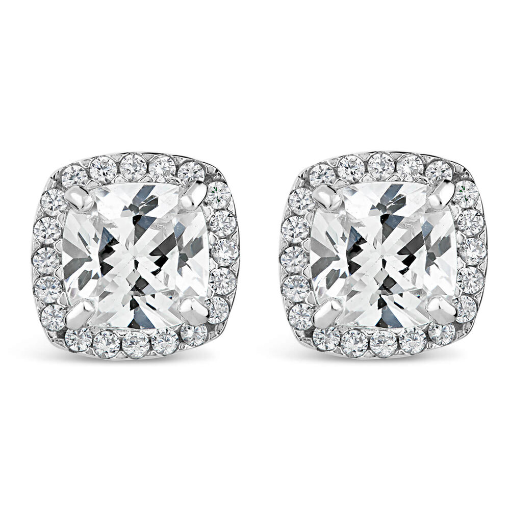 9ct White Gold Cushion Cubic Zirconia Cluster Stud Earrings