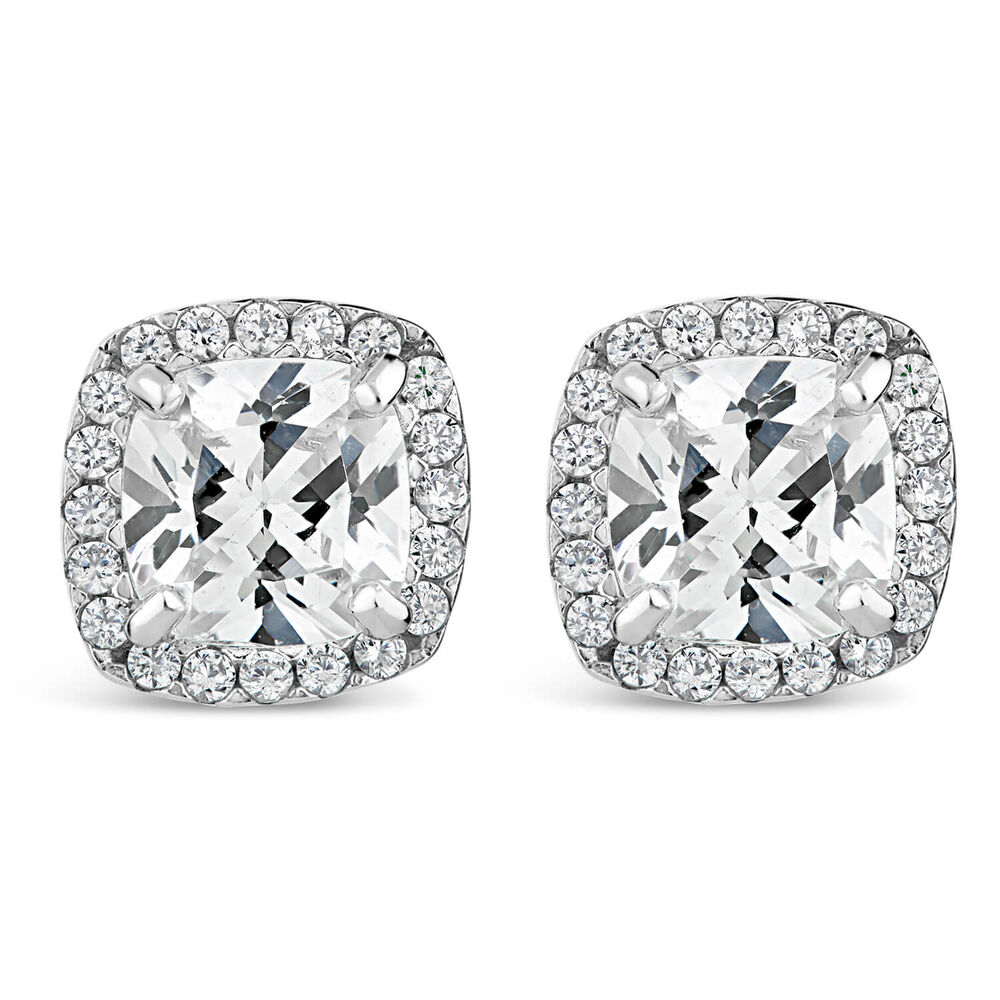 9ct White Gold Cushion Cubic Zirconia Cluster Stud Earrings image number 0