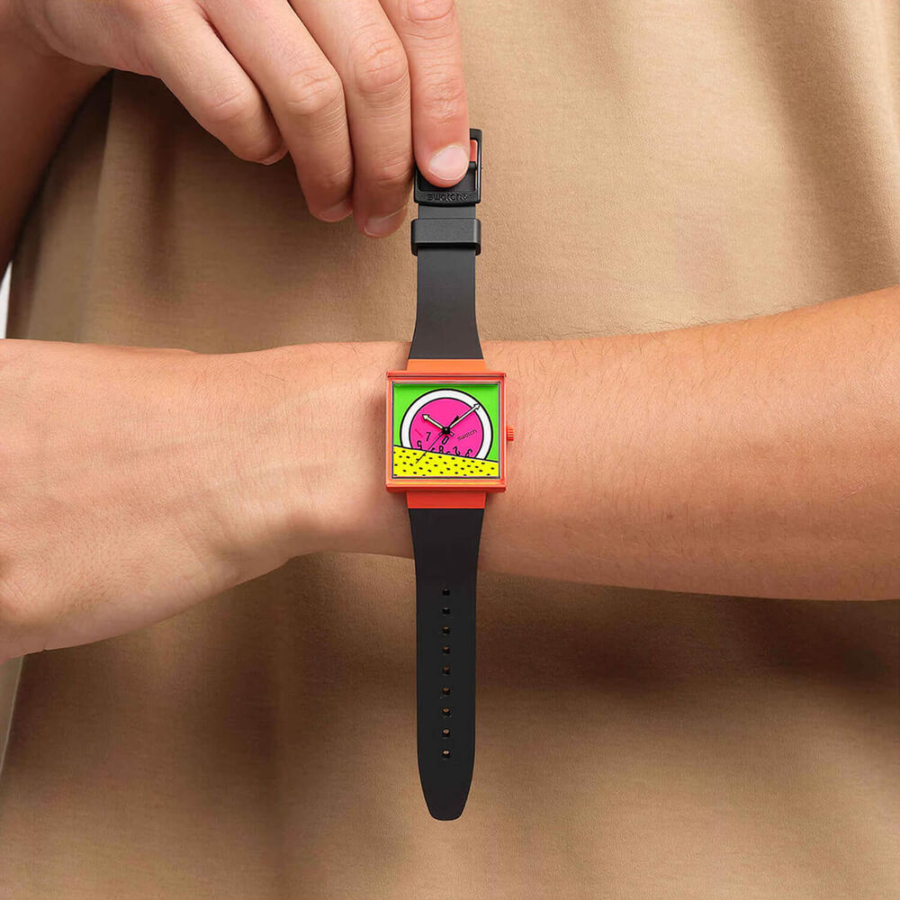 Swatch Break Time 41.8mm Square Multi Colour Dial Black Silicone Strap Watch image number 4