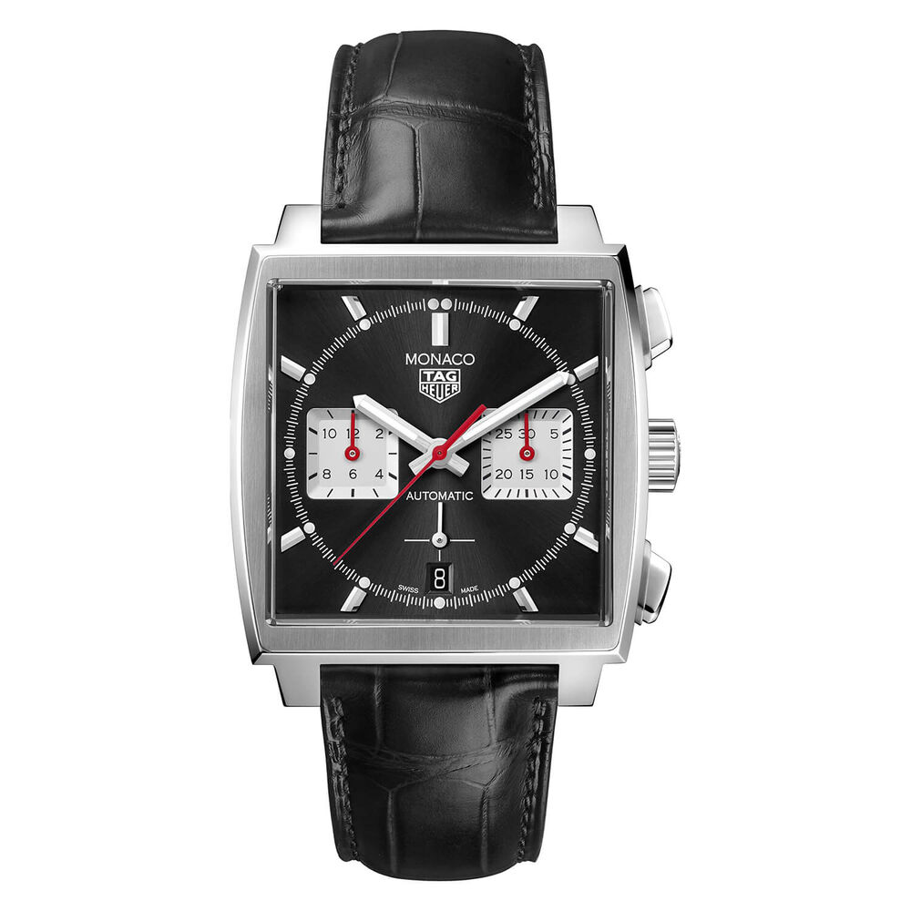 TAG Heuer Monaco 39mm Black Dial Chronograph Steel Case Strap Watch