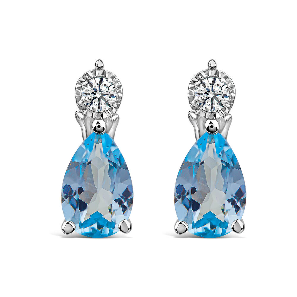 9ct White Gold Pear Blue Topaz & Diamond Top Drop Earrings image number 0