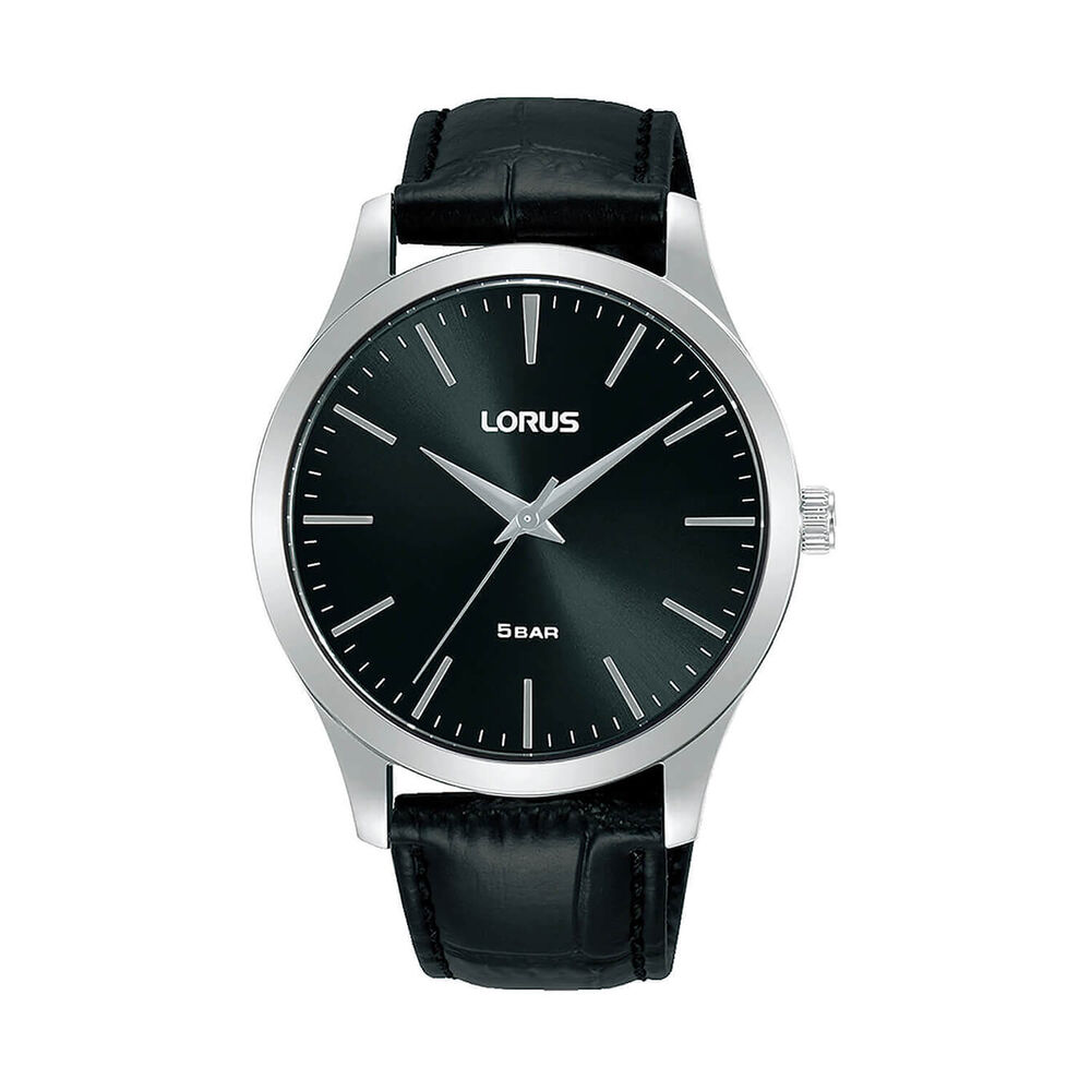 Lorus Quartz Gents 40mm Black Dial Steel Case Black Leather Strap Watch