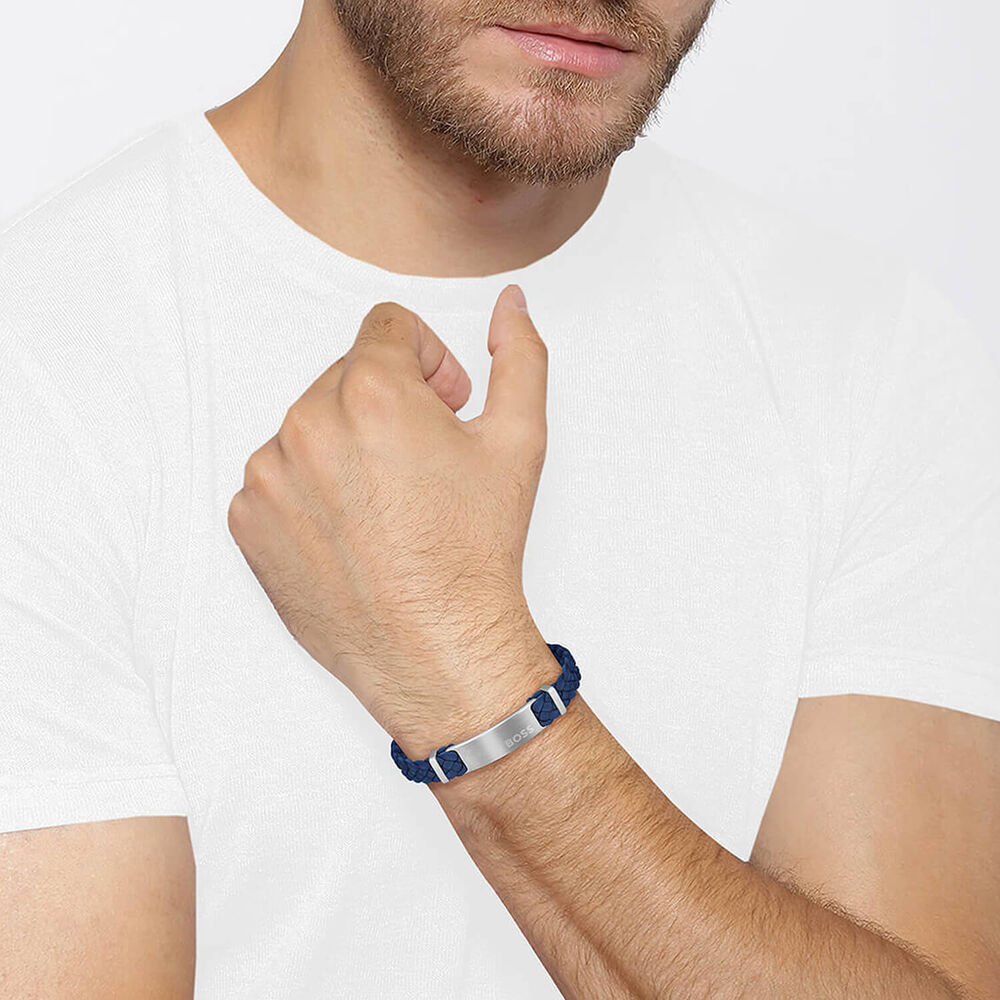 BOSS Dylan Navy Blue Leather Stainless Steel Plate Bracelet