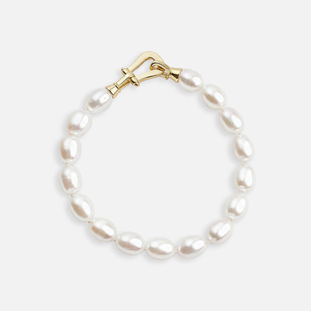 Sterling Silver Oval Freshwater Pearl Yellow Gold Plated Stirrup Clasp Bracelet