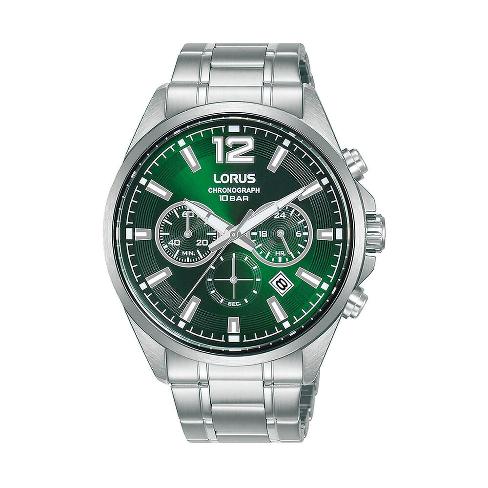 Lorus Quartz Chronograph 43mm Dark Green Sunray Dial Steel Bracelet Watch image number 0