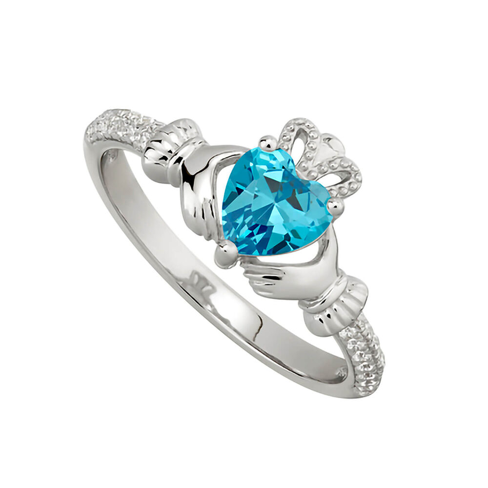 Sterling Silver Claddagh Birthstone March Cubic Zirconia Shoulder Set Ring