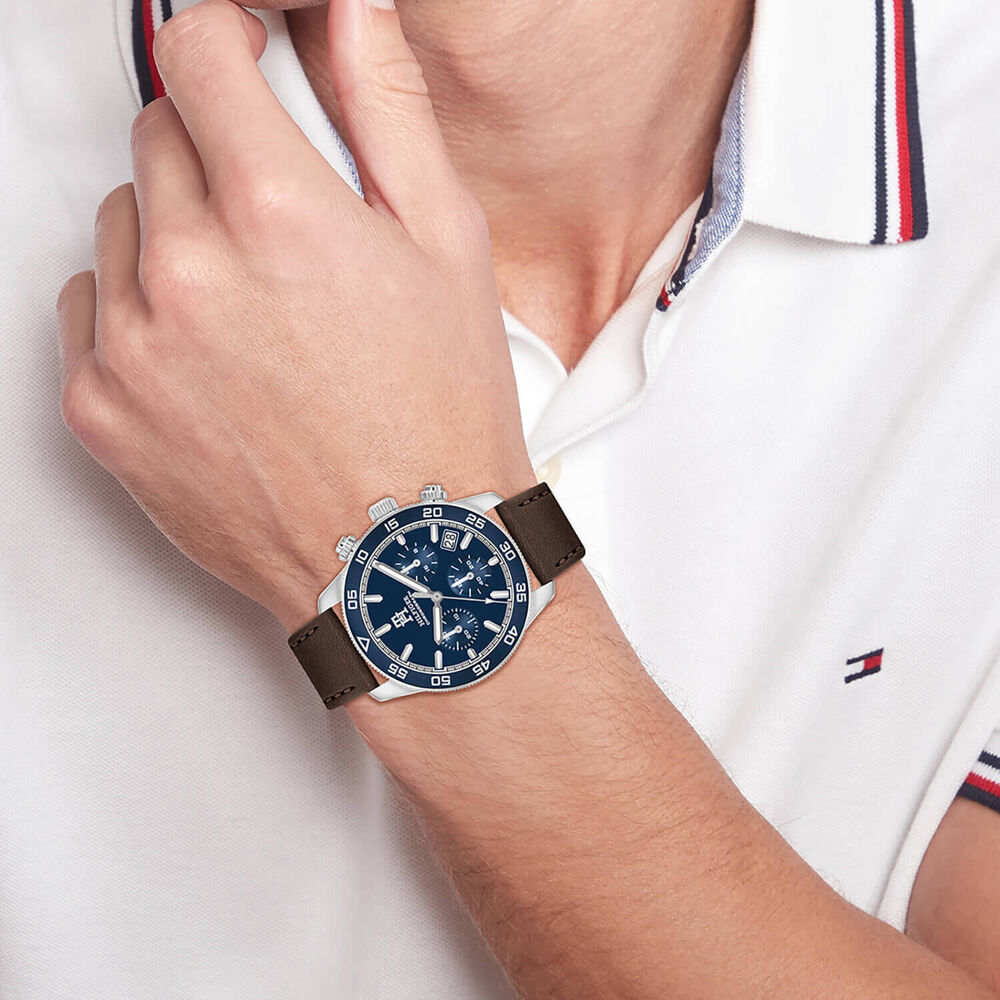Tommy Hilfiger 41mm Blue Dial & Bezel Steel Case Brown Leather Strap Watch image number 3