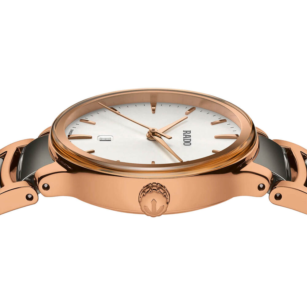 Rado Centrix 28mm White Dial Rose Ceramic Case Rose & Grey Bracelet Watch image number 2