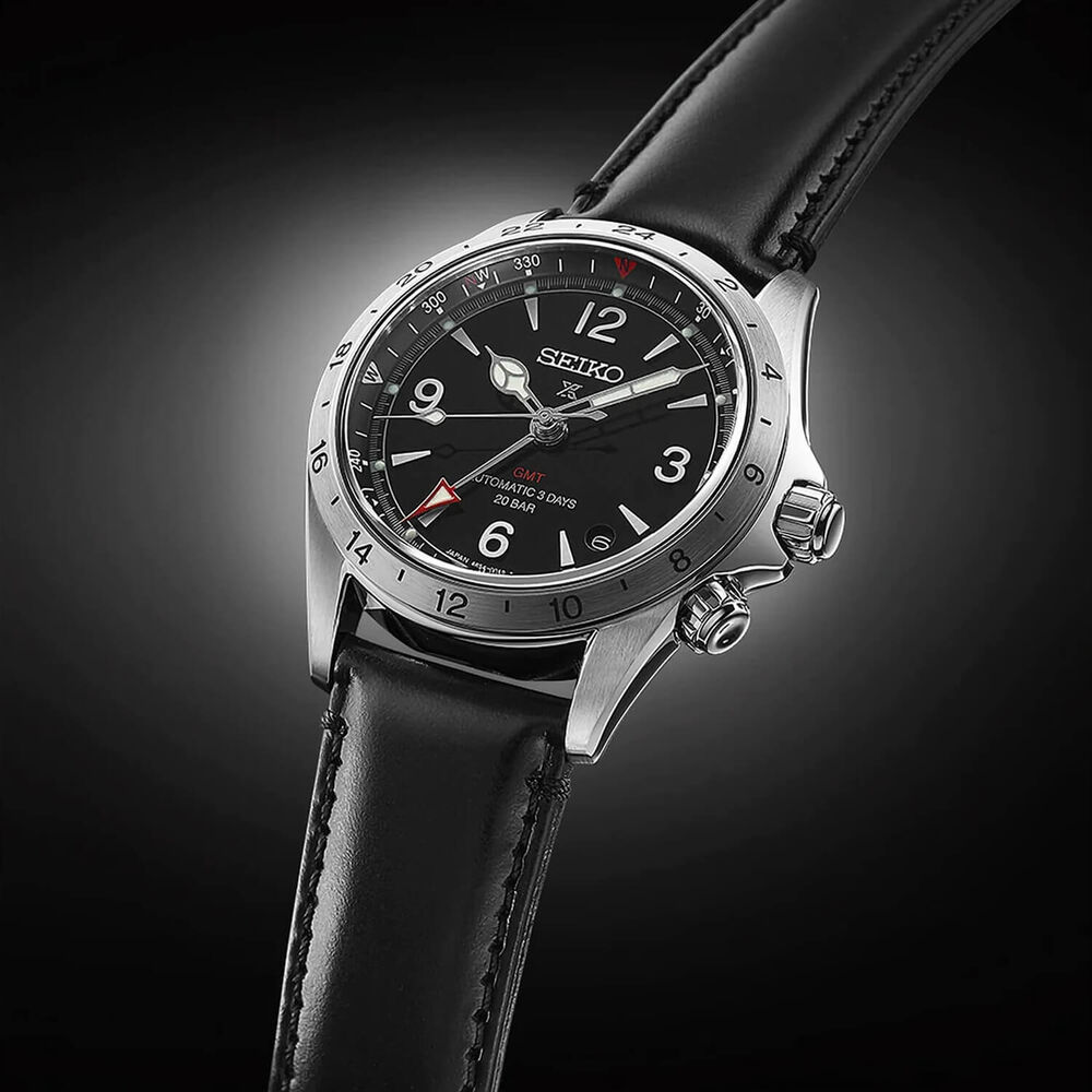 Seiko Prospex Alpinist GMT 39.5mm Black Dial Leather Strap Watch image number 1