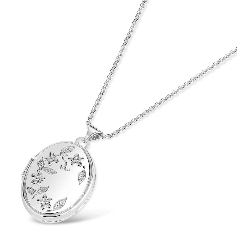 Silver engraved oval flower locket (Chain Included) image number 2