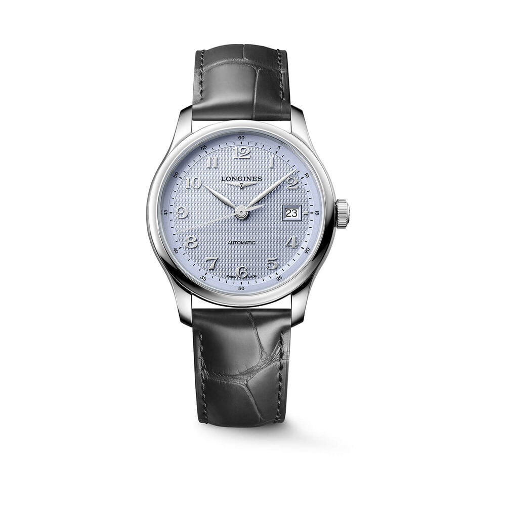 Longines Master Collection 39mm Light Blue Barleycorn Dial Anthracite Leather Strap Watch