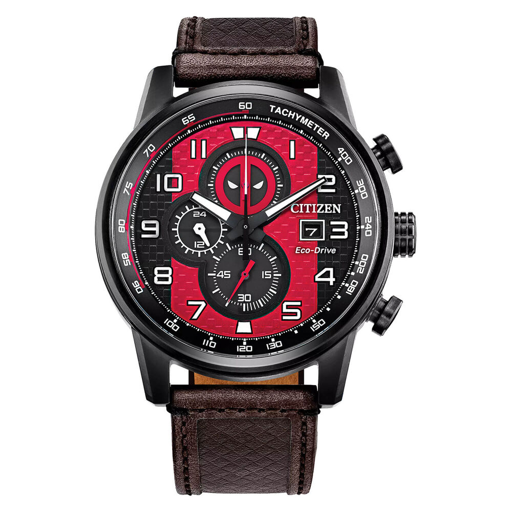Citizen Marvel Deadpool Black Red Dial Brown Leather Strap Watch