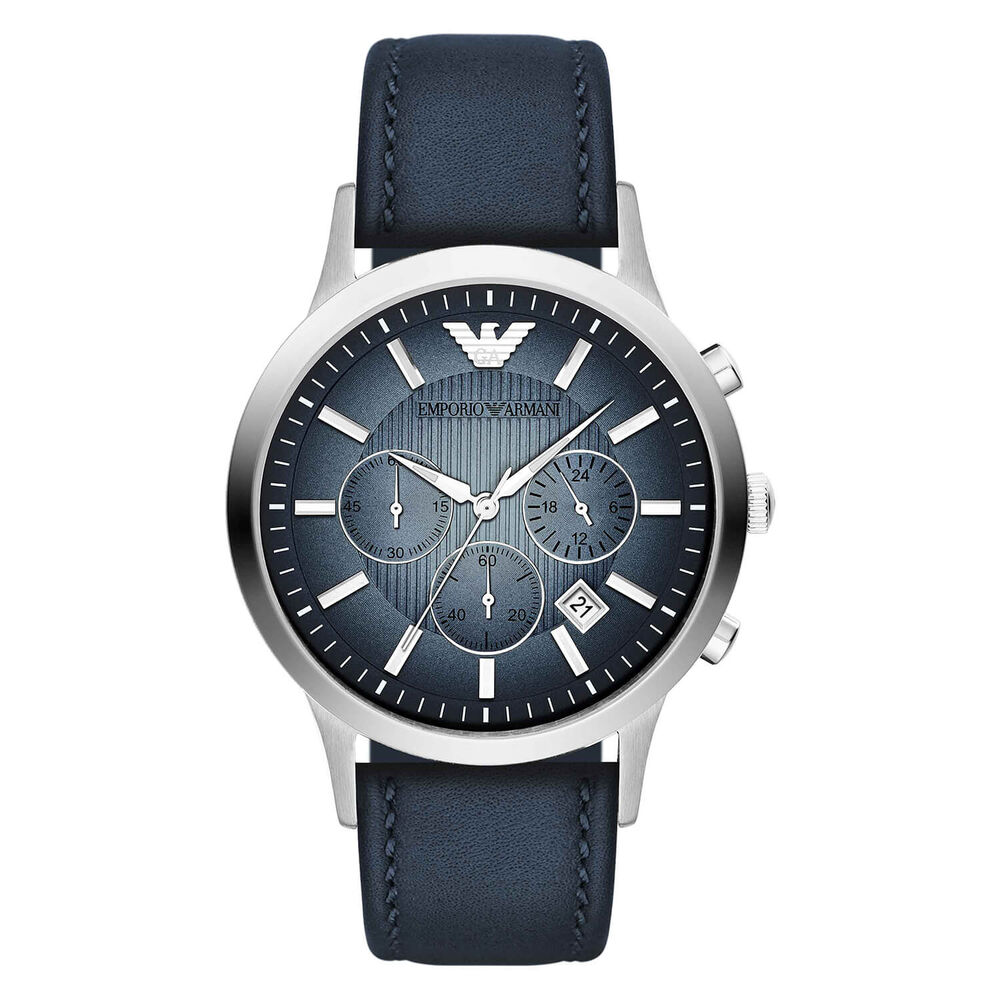 Emporio Armani men's chronograph blue leather strap watch