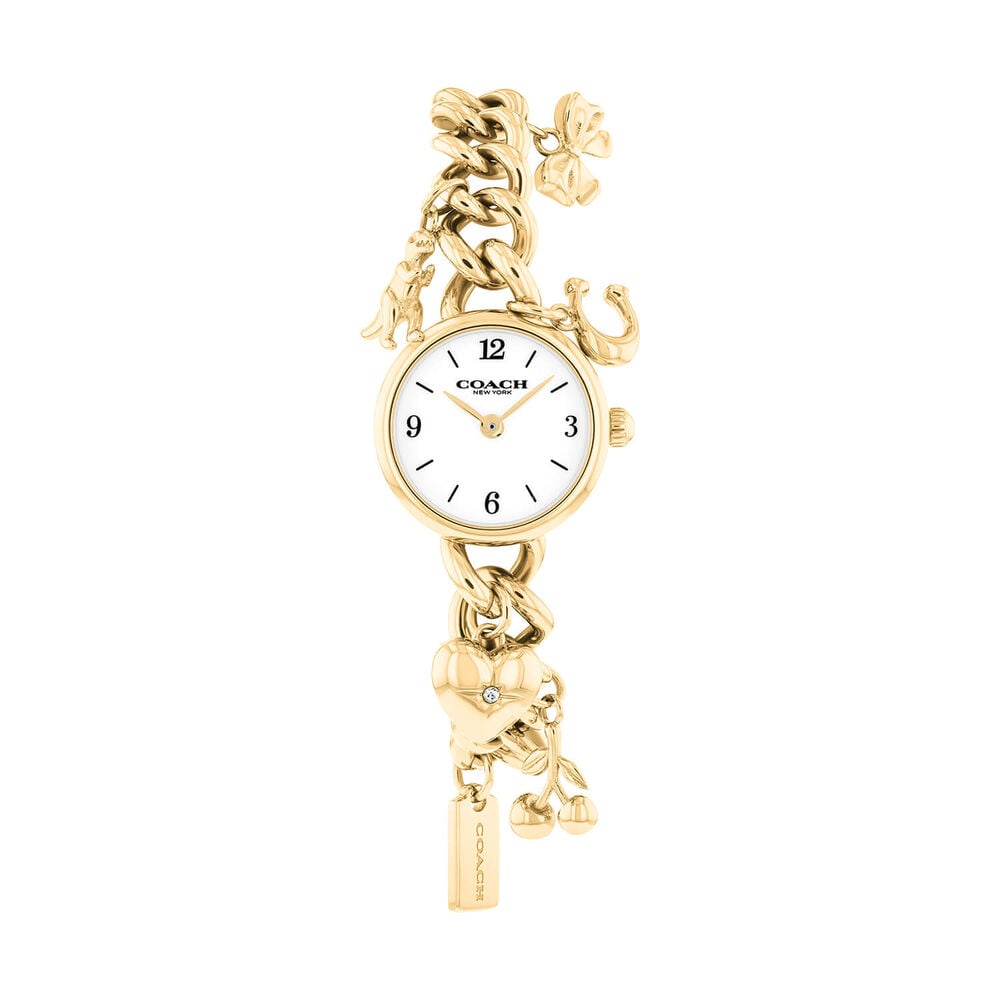 Coach Iris 22mm White Dial Gold Tone Steel Charm Bracelet Watch