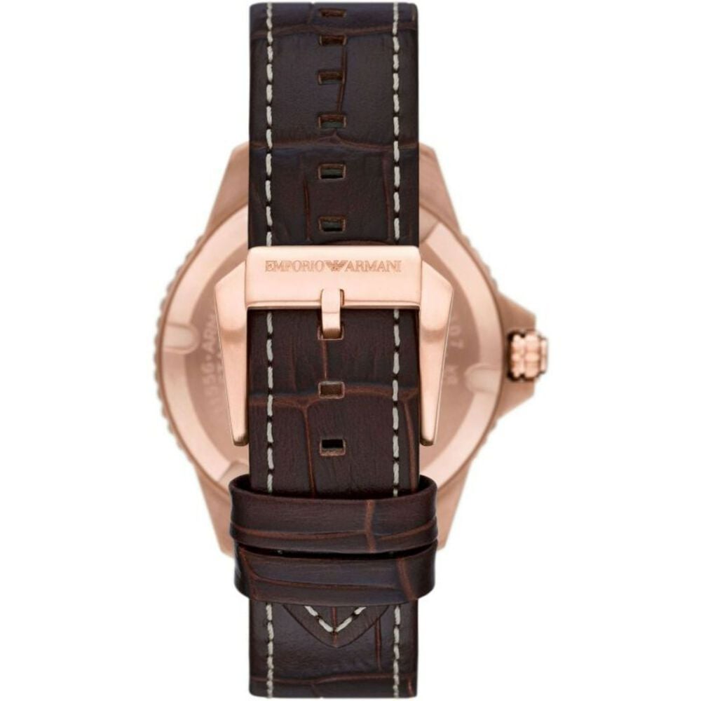Emporio Armani Diver 42mm Blue Dial Rose Gold IP Case Brown Strap Watch