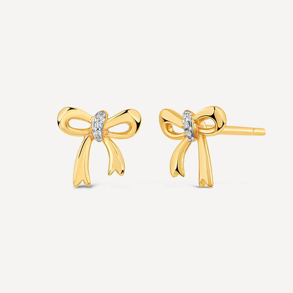 9ct Yellow Gold Diamond Bow Necklet & Stud Earring Set image number 4