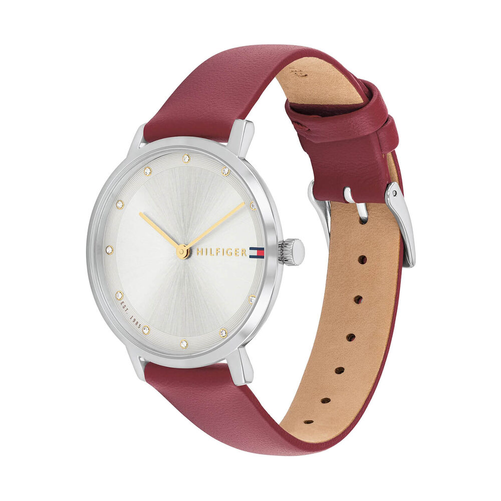 Tommy Hilfiger 34mm Silver Dial Cranberry Leather Strap Watch image number 1