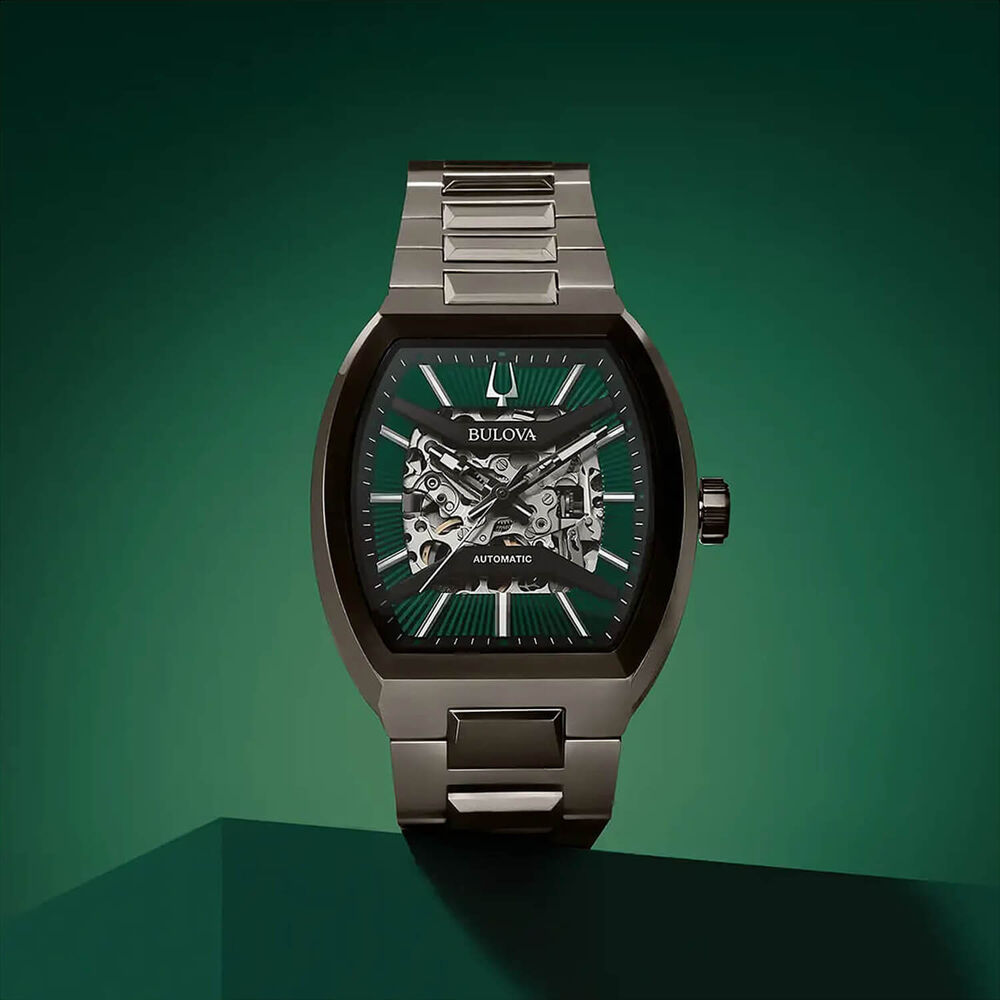 Bulova Maquina 40mm Green Skeleton Dial Grey Steel Bracelet Watch image number 3