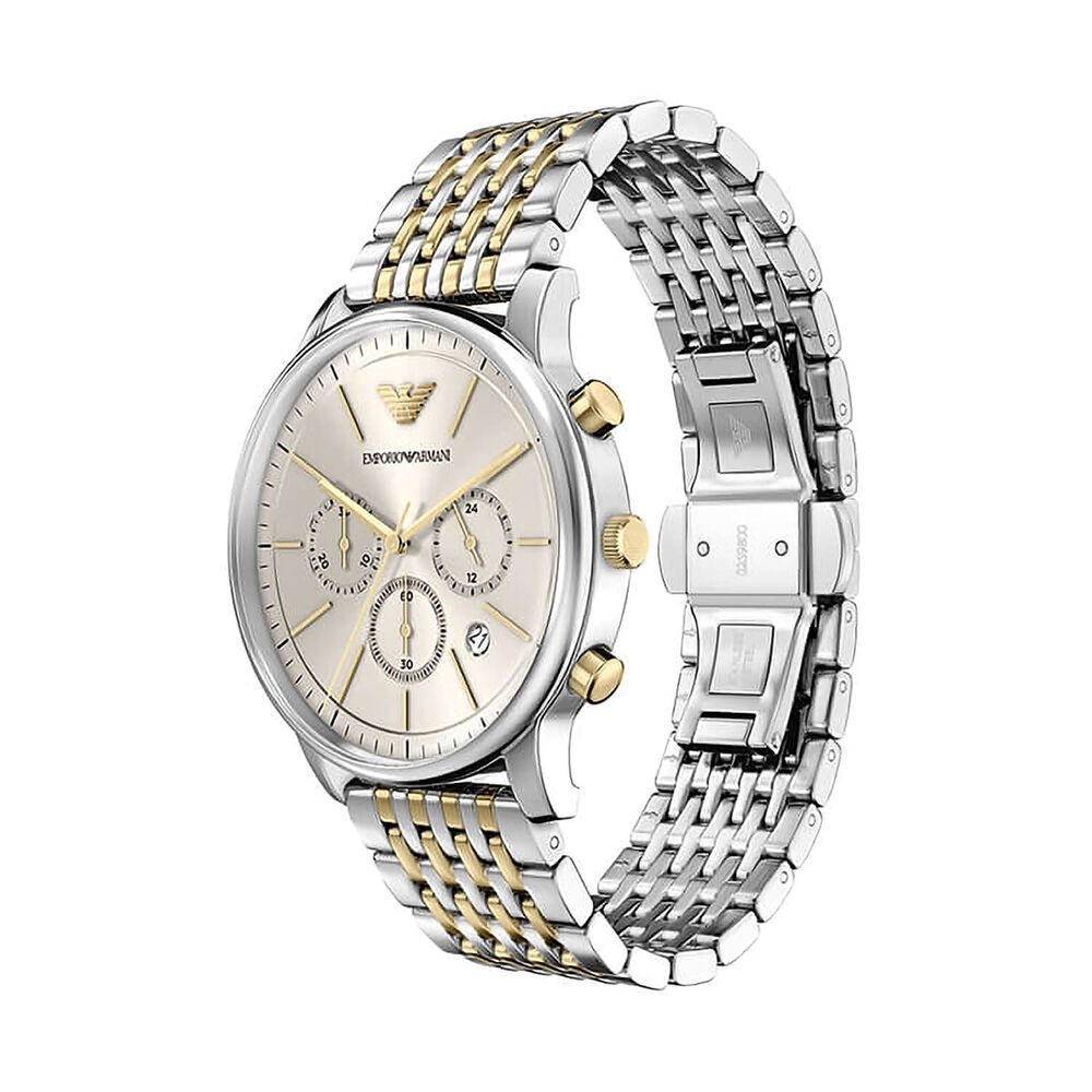 Emporio Armani Minimalist 42mm Silver Dial Two Tone Stainless Steel Bracelet Chronograph Watch