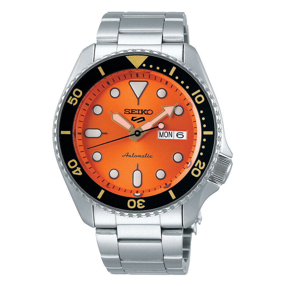 Seiko 5 Sports Auto Orange Monster Black & Gold Bezel Steel Bracelet Watch image number 0