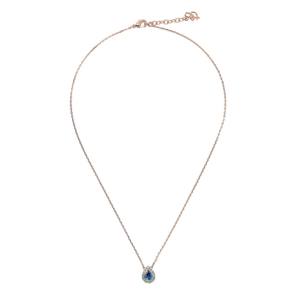Bronzallure 18ct Rose Gold Plated Blue Cubic Zirconia Drop Pendant Chain Necklace