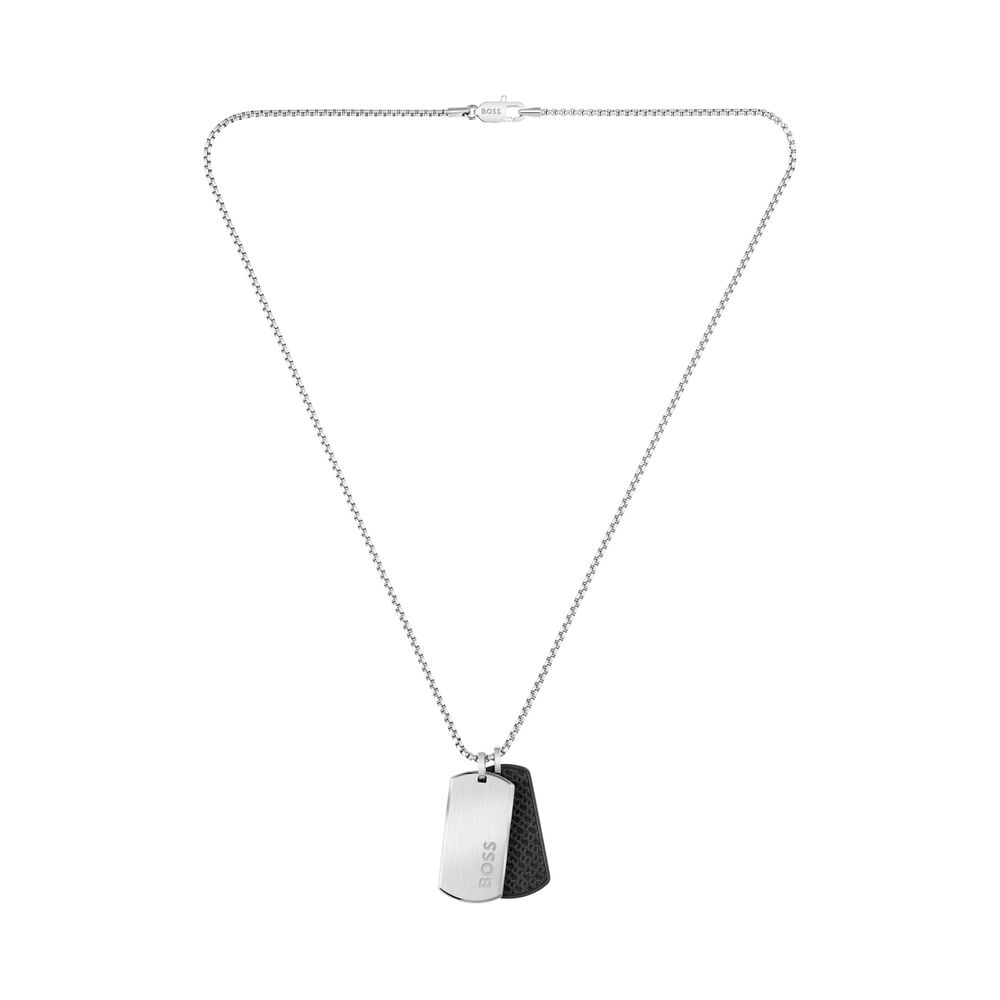 BOSS Devon Double Tag Pendant Silver Tone Stainless Steel Necklace