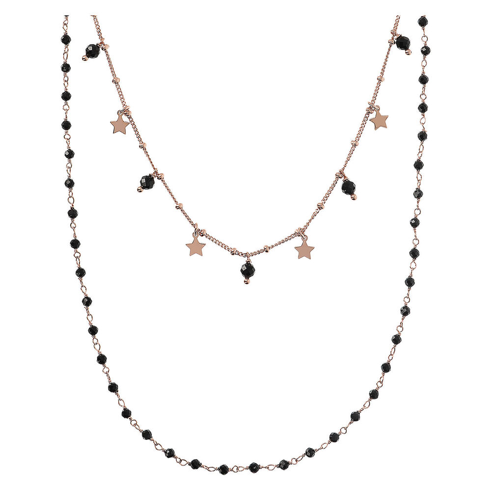 Bronzallure 18ct Rose Gold Plated Stars And Black Spinel Spheres Double Strand Necklace