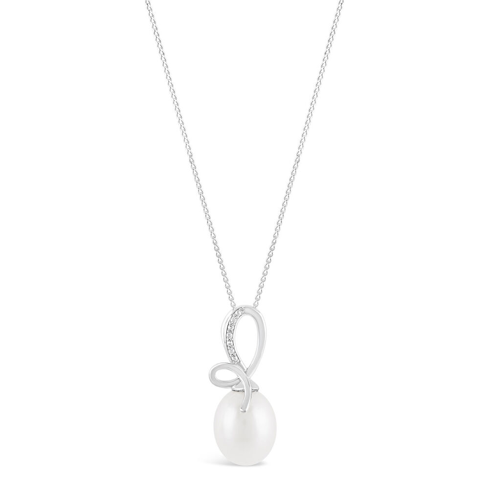 9ct White Gold Freshwater Pearl and 0.01ct Diamond Bow Top Pendant image number 0