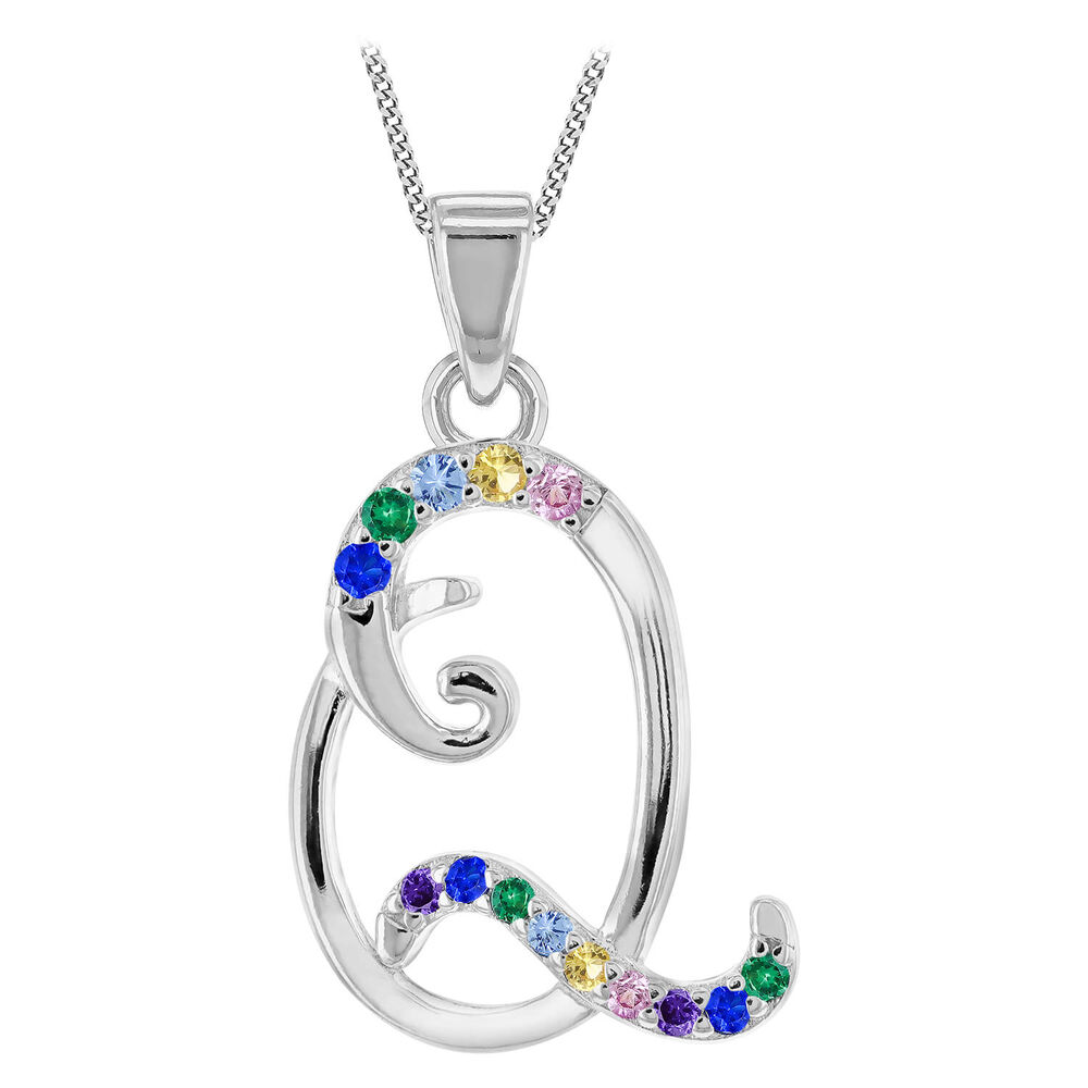 Sterling Silver Coloured Stone Set Initial "Q" Pendant - Chain Included image number 0