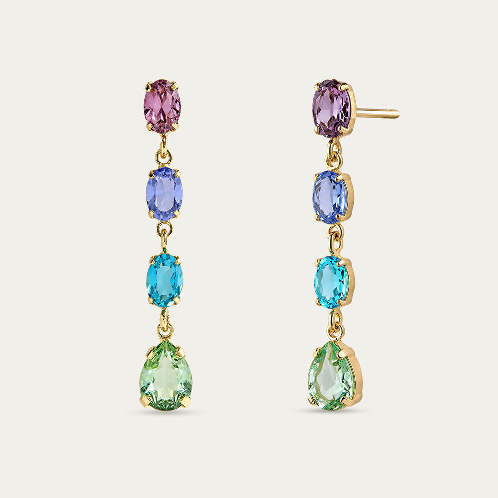 Yellow Gold Plated Sterling Silver Multi Colour Oval Cubic Zirconia Drop Earrings