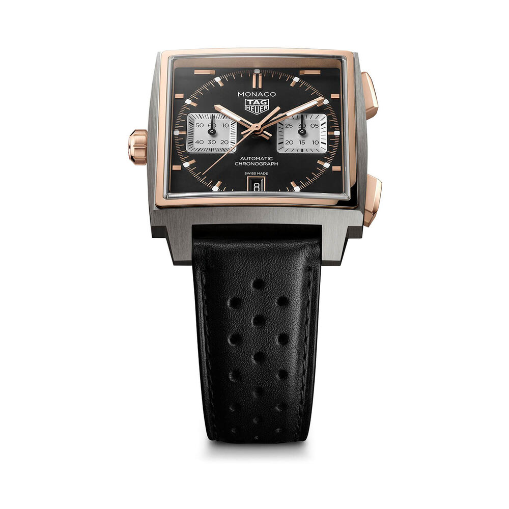 TAG Heuer Monaco Chronograph 39mm Titanium & 18K 5N Rose Gold Case Black Leather Strap Watch