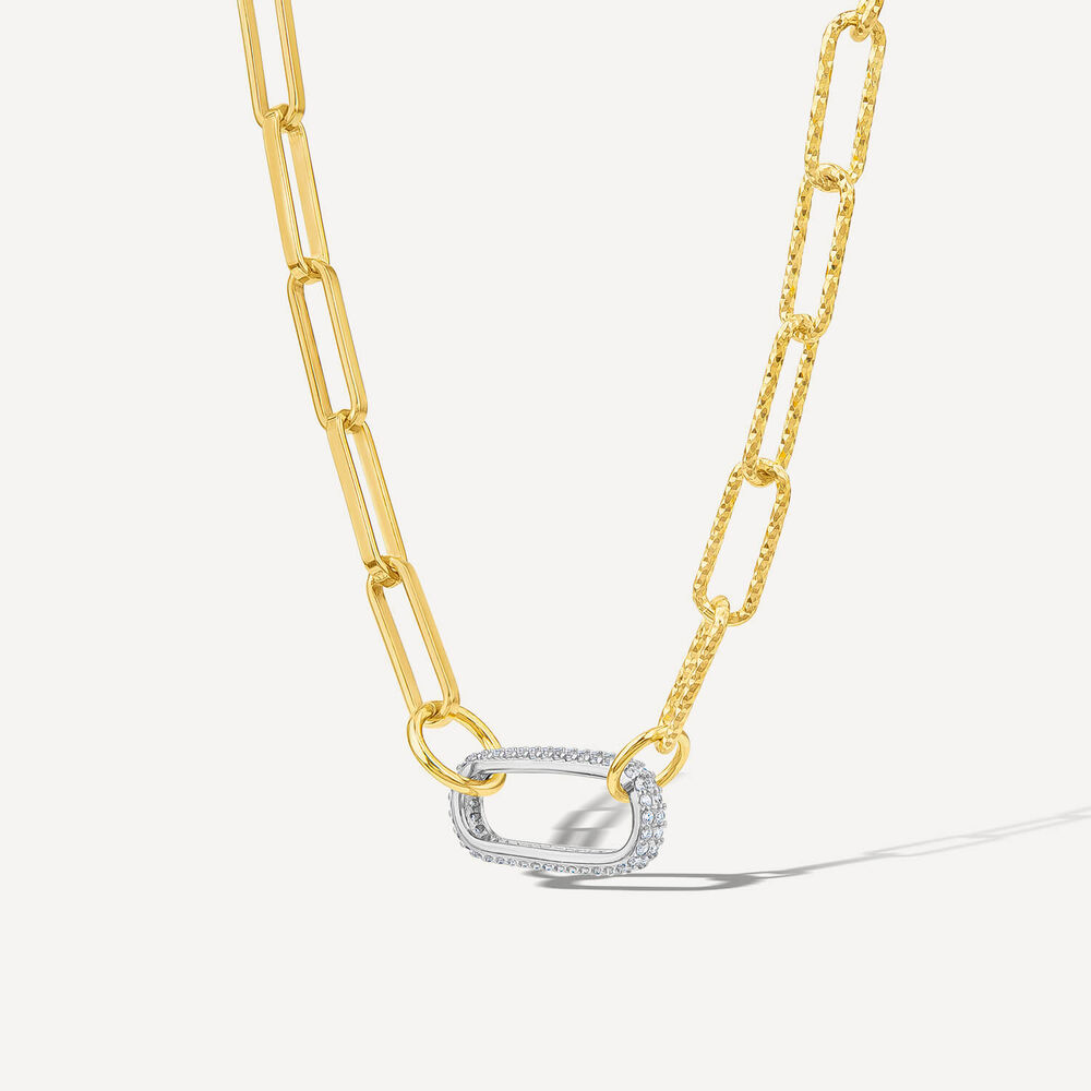 Silver & Yellow Gold Plated Two Tone Paperlink Cubic Zirconia Necklet image number 1