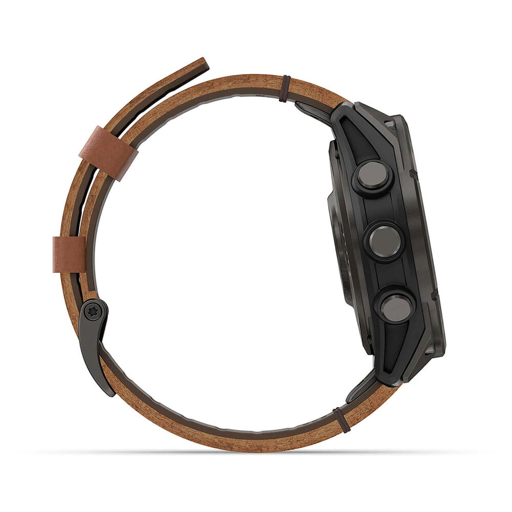 Garmin fenix 8 Pro AMOLED 47mm Carbon Grey DLC Titanium Case Brown Leather Strap Watch image number 6