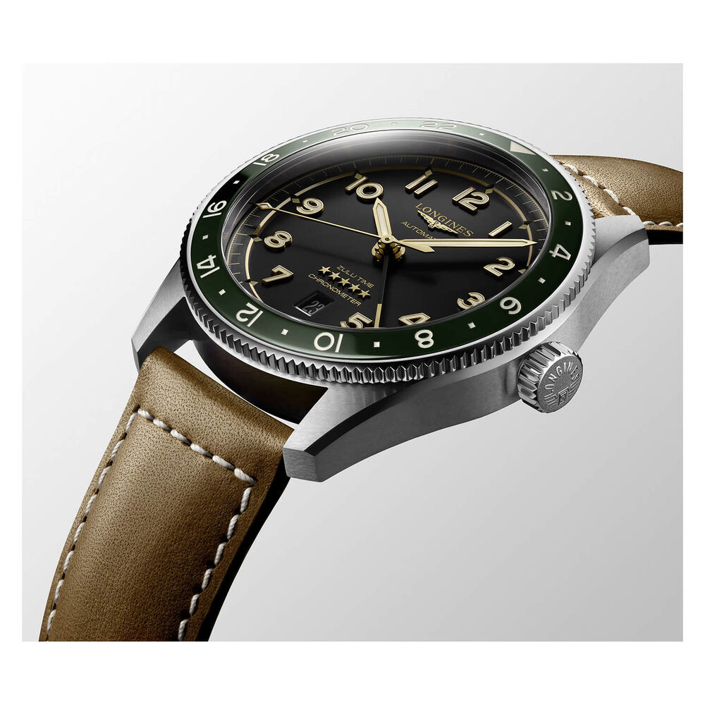 Longines Avigation Spirit Zulu 42mm Automatic Black Dial Green Bezel Steel Case Brown Leather Strap Watch