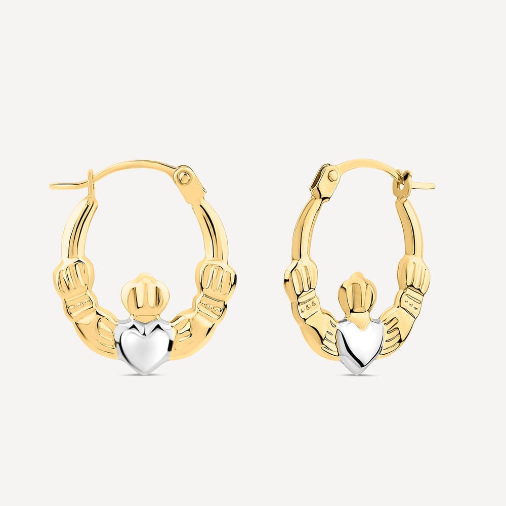 9ct Yellow Gold Small Claddagh Silver Heart Creole Hoop Earrings