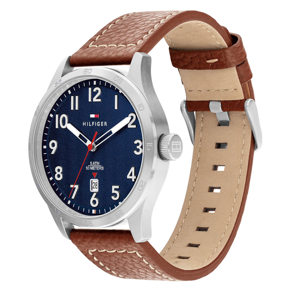 Tommy Hilfiger 43mm Blue Dial Brown Leather Strap Watch