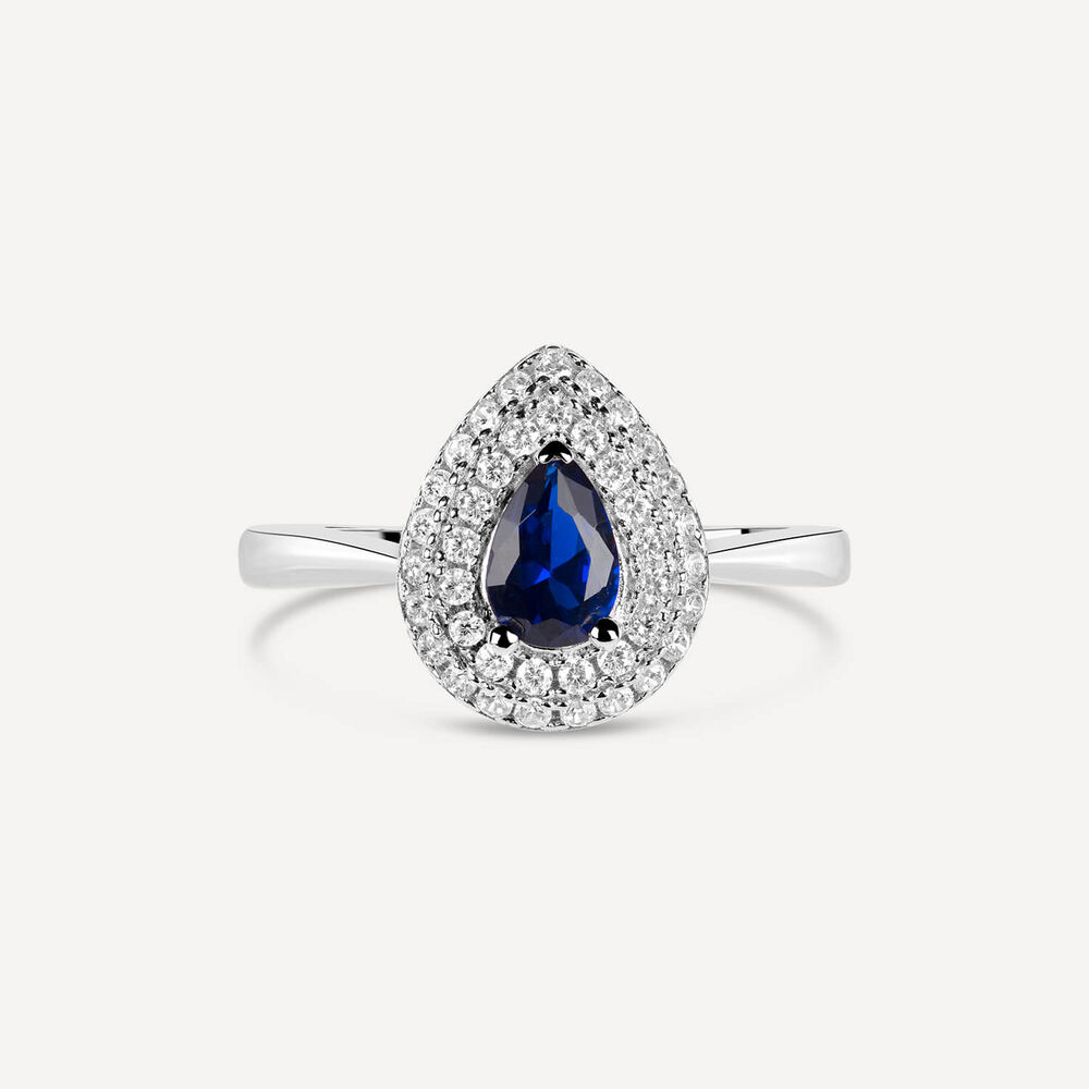 Silver Blue and White Cubic Zirconia Pear-Shaped Ring image number 1