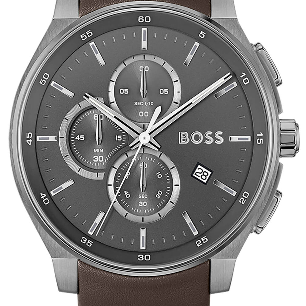 BOSS Peak 2.0 Chronograph 45mm Grey Matte Dial Brown Leather Strap Watch image number 2