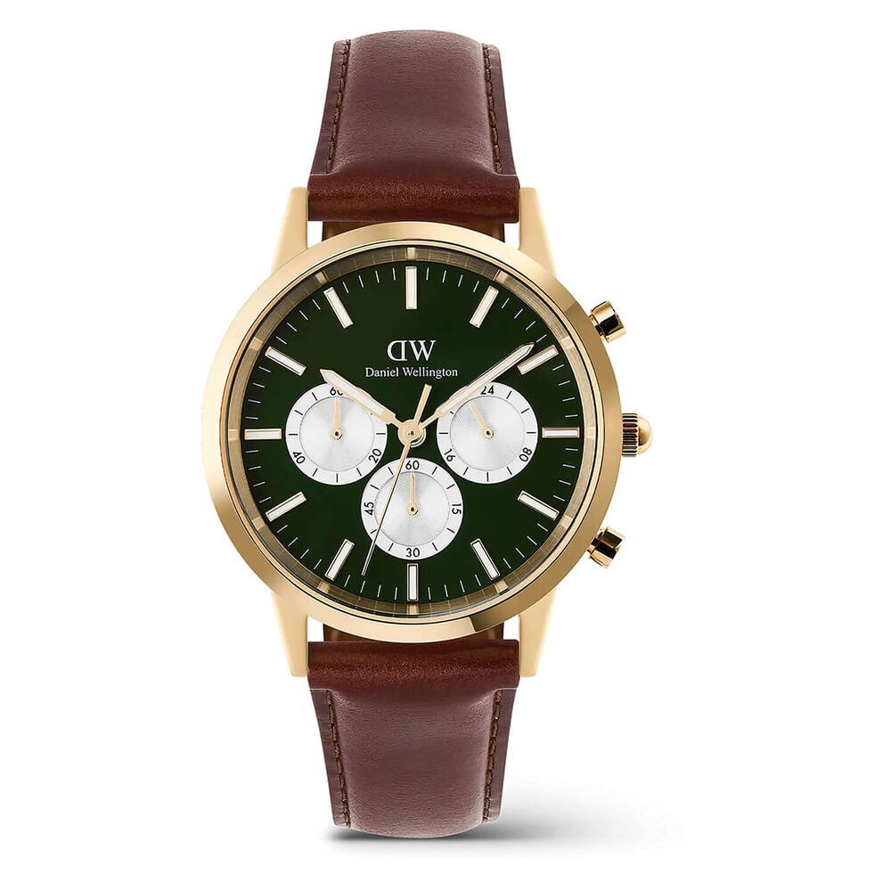 Daniel Wellington Iconic Chronograph St Mawes 42mm Emerald Panda Dial Brown Leather Strap Watch image number 0