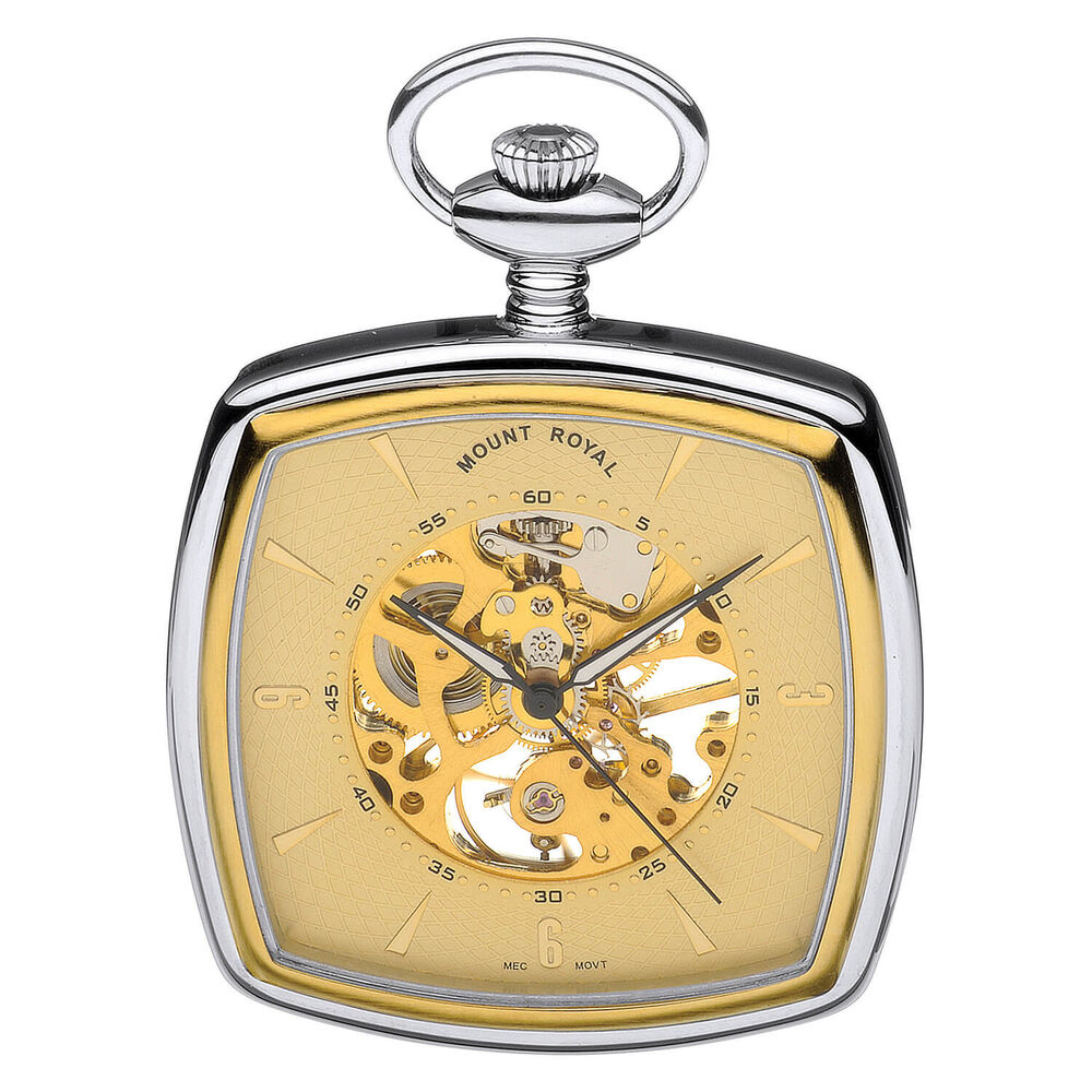 Mount Royal Champagne Skeleton Cushion Square Dial Steel Case Pocket Watch
