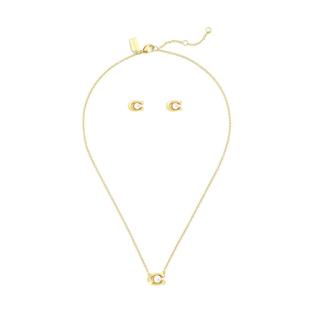 Coach Signature Gold Tone Brass Pearl Necklace & Earrings Set
