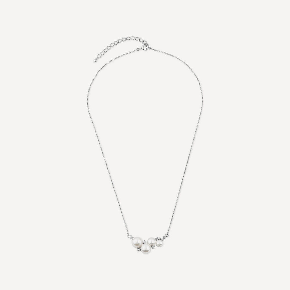Sterling Silver Pearl & Cubic Zirconia Cluster Necklet image number 2