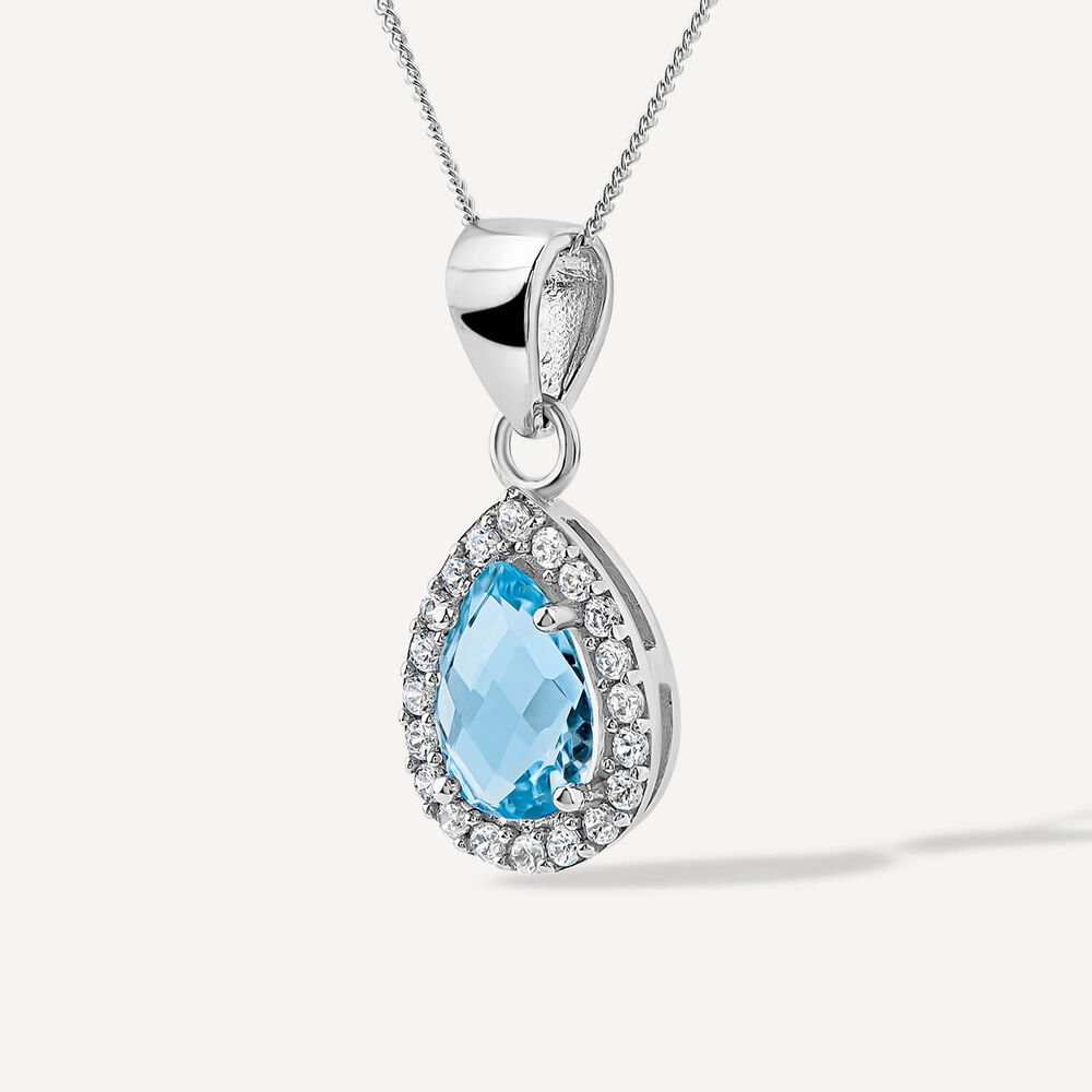 9ct White Gold Pear Blue Topaz & Cubic Zirconia Pendant (Chain Included) image number 1