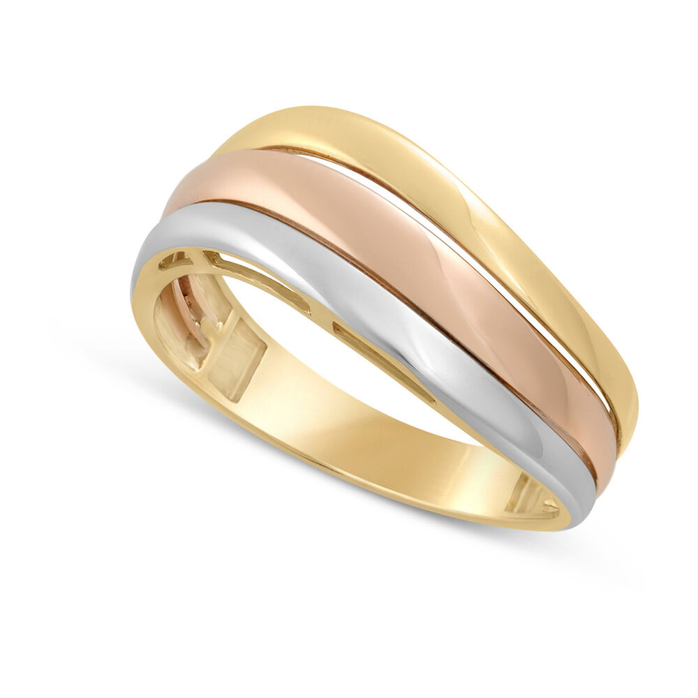 9ct Three Colour Gold Wave Band Dress Ring image number 0